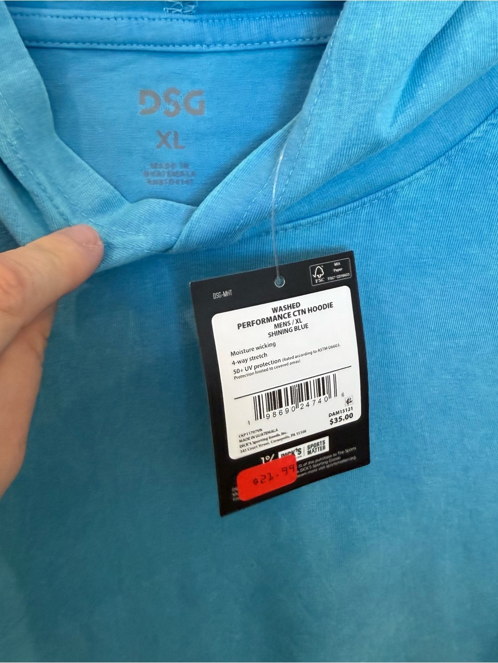 DSG Washed Performance Cotton Hoodie, 50+ UV Protection, Shining Blue, XL - Picture 3 of 5